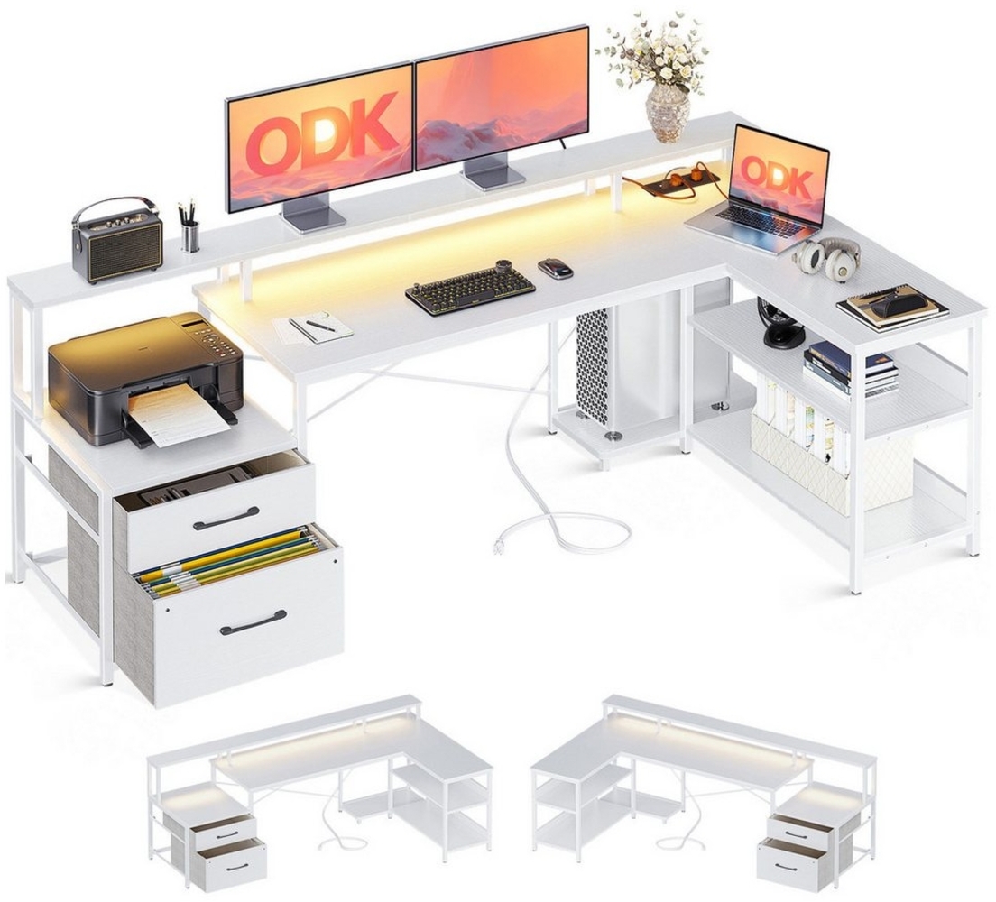 ODK Computertisch L Form Reversibel Eckschreibtisch Groß mit LED Steckdosenleiste (1-St), Ladegerät und Monitorständer Weiß, 189.3×100cm Bild 1