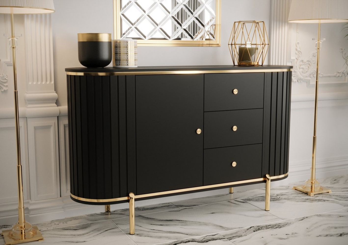 MOEBLO Kommode DALLAS (Moderne Kommode mit Schublade Sideboard Schrank Highboard Goldene Türgriffe, Wohnzimmer, Esszimmer, Flur & Diele), dekorative Riffelung Bild 1