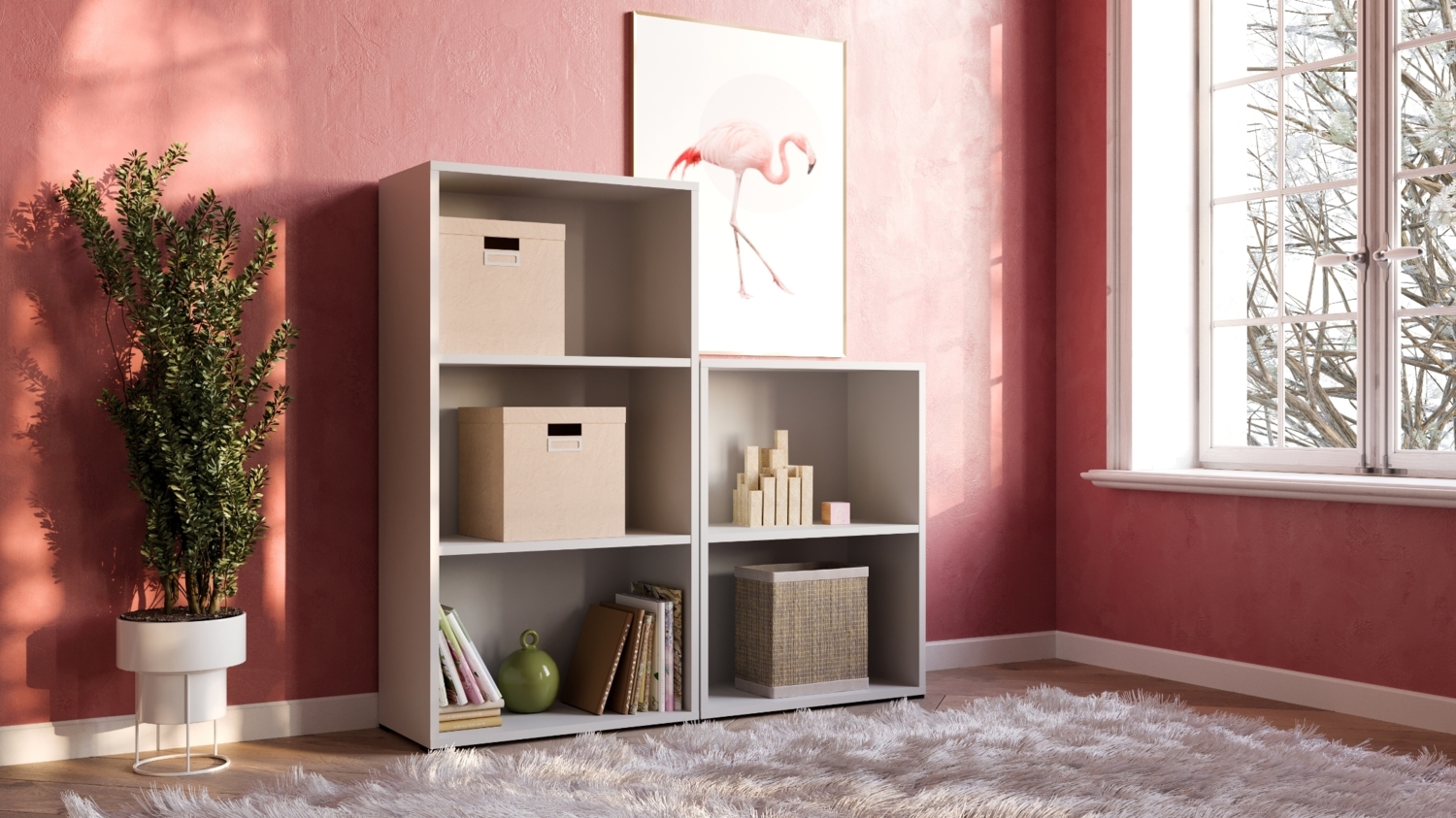 furni24 Breites Bücherregal mit 2 Fächern, Holzregal, Würfelregal, Aufbewahrungsregal, weiß, 60 x 31 x 77h Bild 1