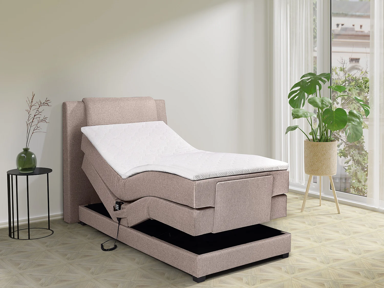 Vente-unique - Boxspringbett mit Bettkopfteil + elektrischem Untergestell mit Relaxfunktion + Matratze + Topper - 100 x 200 cm - Stoff - Beige - CASTEL II von PALACIO Bild 1