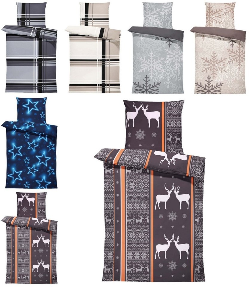 One Home Bettwäsche Winter, Biber, 4 teilig, Rentiere Schneeflocken, kuschelig flauschig warme weiche Baumwolle Bild 1