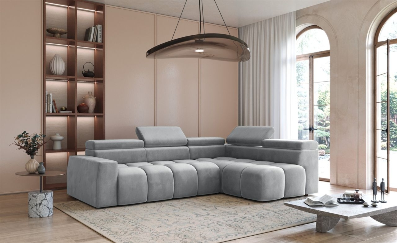 Ecksofa Designersofa DARCY in Stoff Salvador Hellgrau Ottomane Rechts Bild 1
