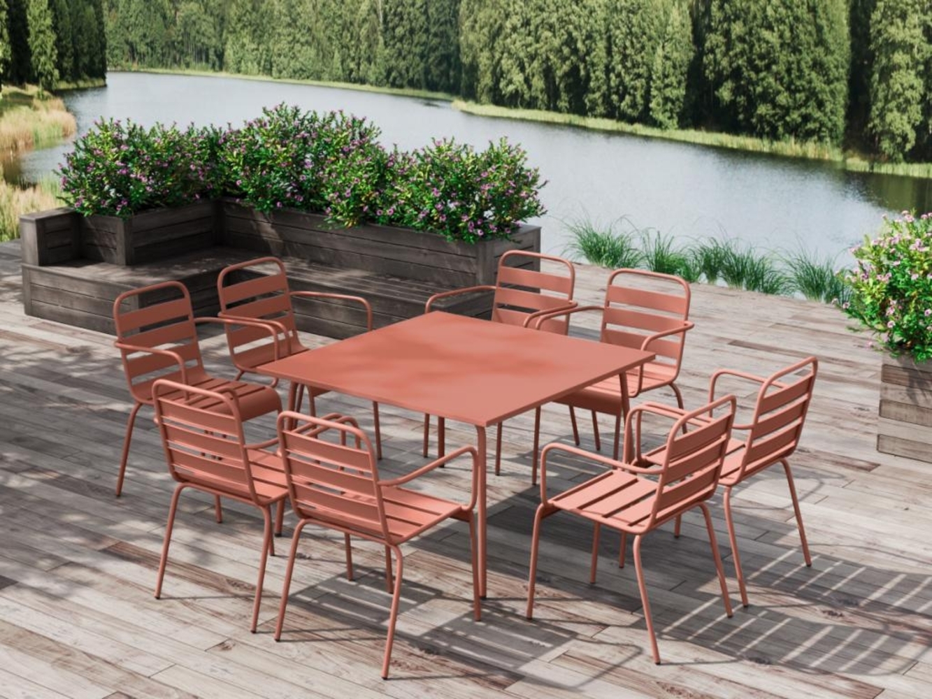 Vente-unique - Garten-Essgruppe: Tisch L. 120 cm + 8 stapelbare Sessel - Metall - Terracotta - MIRMANDE von MYLIA Bild 1