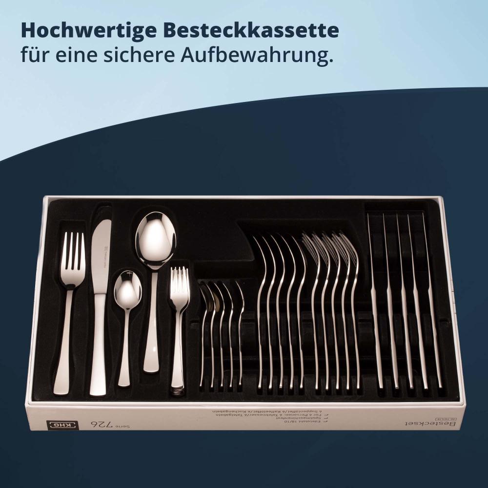 KHG Besteckset 30-teilig, aus rostfreiem & stabilem 18/10 Edelstahl, spülmaschinenfest, je 6 Menügabeln, Menümesser, Menülöffel, Kuchengabeln & Teelöffel für 6 Personen Bild 1