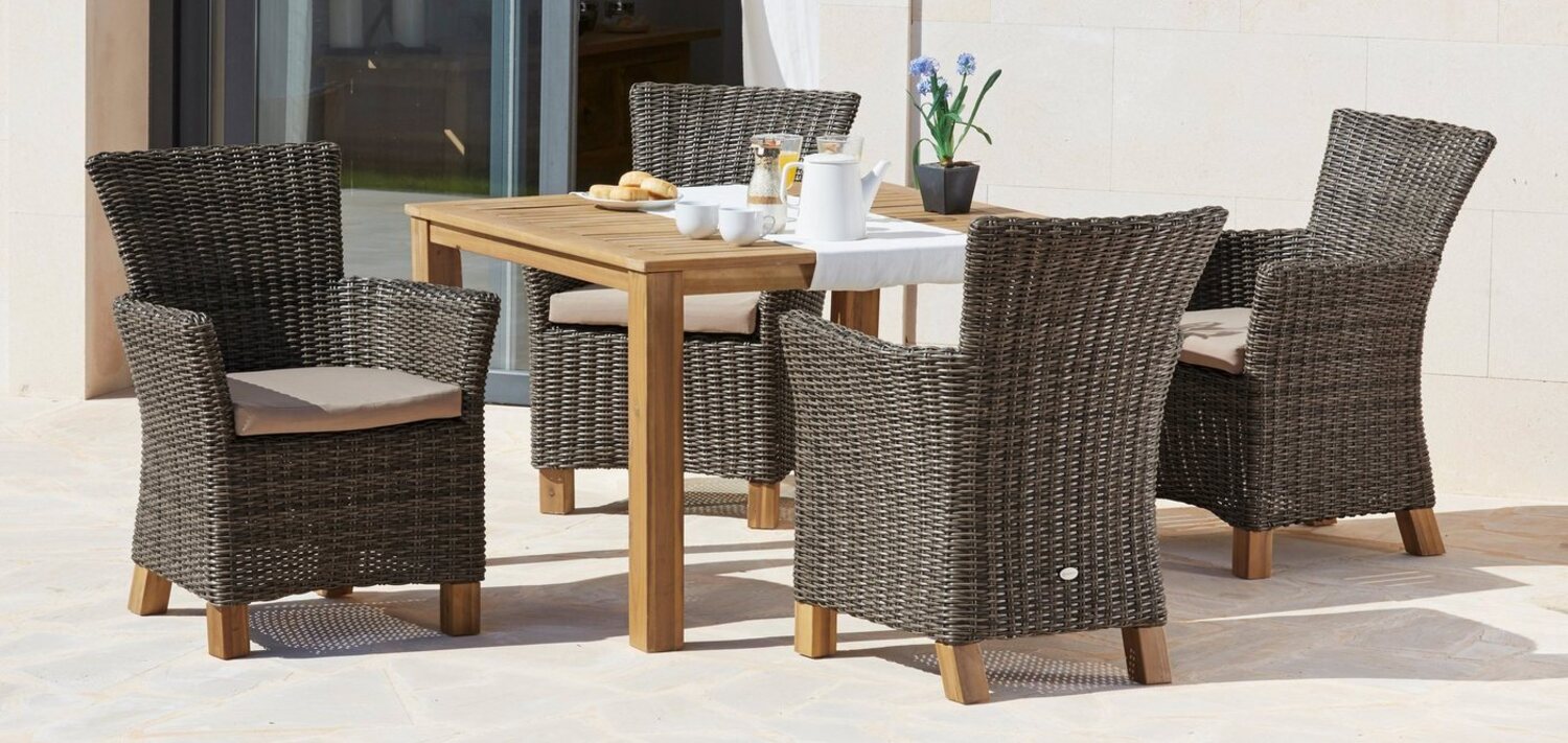 MERXX Garten-Essgruppe Toskana, (9-tlg), 4 Sessel, Tisch 110x110x75 cm, Polyrattan/Akazie Bild 1
