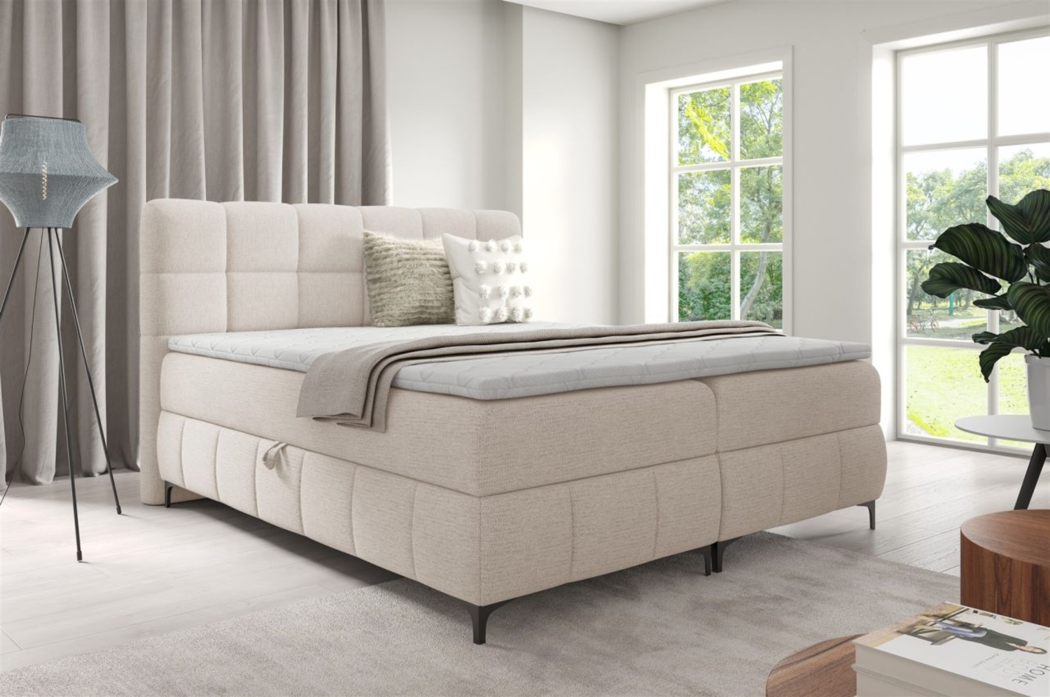 Boxspringbett Schlafzimmerbett SOPHIE 100x200cm Stoff Aragon Weiss Bild 1