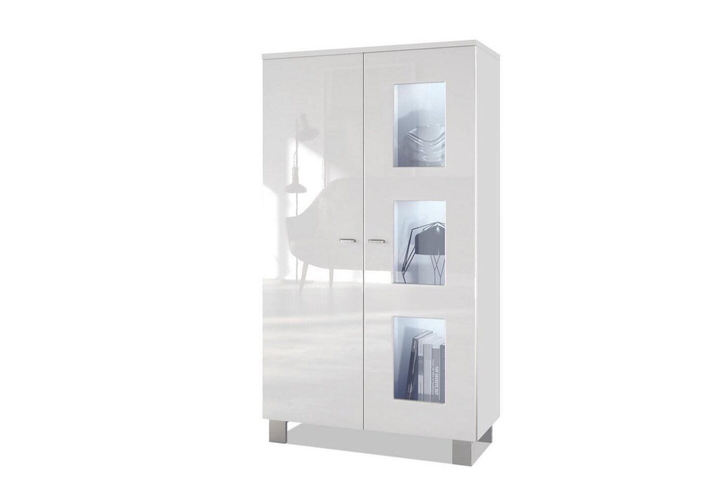 Vladon Vitrine Denjo, Standvitrine mit 2 Türen und 3 Glaseinsätzen, Weiß matt/ Weiß Hochglanz, inkl. LED-Beleuchtung (71 x 129 x 35 cm) Bild 1