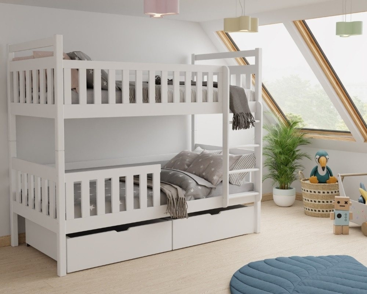 Deine Möbel 24 Etagenbett Hochbett Kinderbett MICO für 2 Kinder 80x180 90x200 Weiß Beige (Matratzen optional, 2-St, Bett, mit Lattenrost, Rausfallschutz, 2 Schubladen und Leiter), aus Massivholz Vollholz, in 2 Kinderbetten umbaubar Bild 1