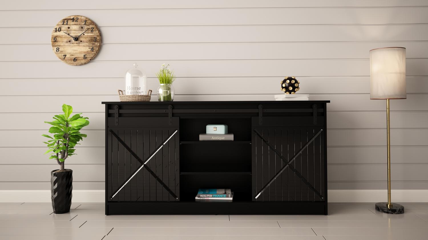 Domando Sideboard Cecina Industrial Breite 160cm, aufwändig gefräste Fronten, Schiebetüren mit massiven Metallbeschlägen, Hochglanz in Schwarz Matt und Schwarz Hochglanz Bild 1