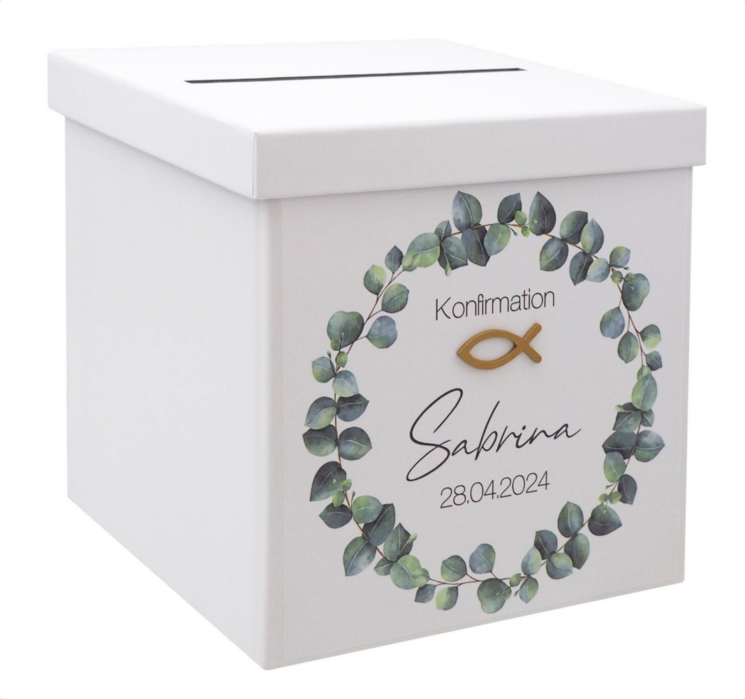 ZauberDeko Geschenkbox Briefbox Eukalyptus Fisch Gold Kommunion Konfirmation Personalisiert Bild 1