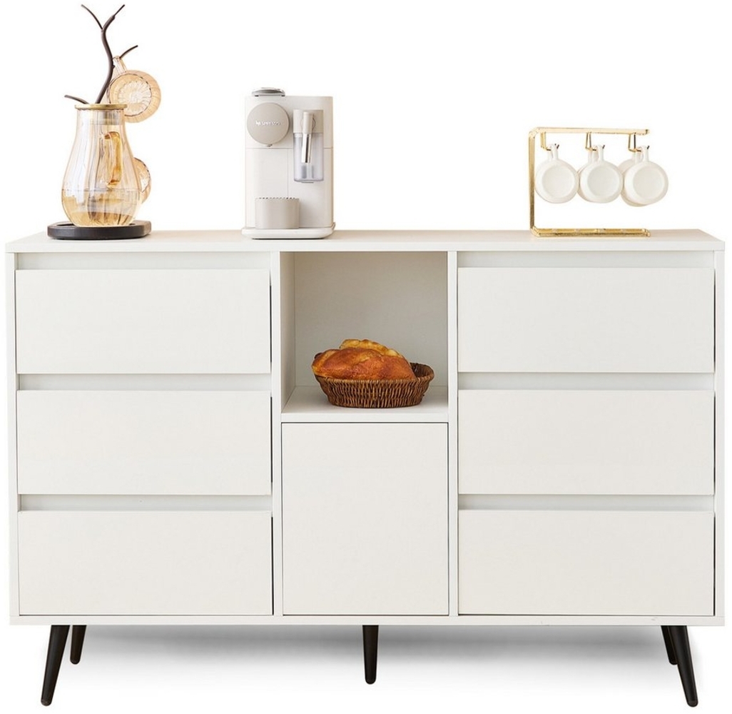 MODFU Sideboard ideal für Küchen, Ess- und Wohnbereiche (Kommode, Anrichte, Wohnzimmerschrank, 1 St, 6 geräuschlosen Schubladen, 1 Tür, 1 offene Fächer), mit LED-Beleuchtung, Push-Open-Türen Bild 1
