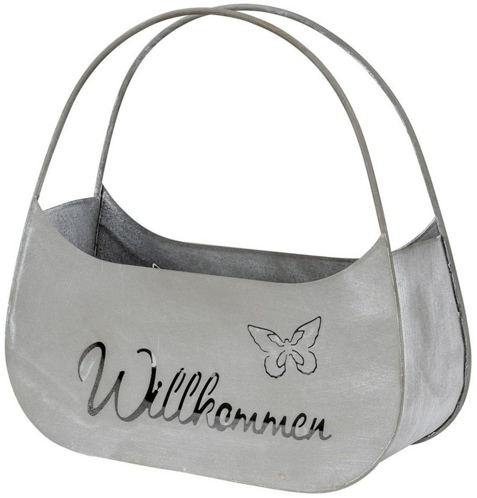 Levandeo® Blumentopf, Blumentopf Tasche Willkommen L25cm Grau Metall Pflanztopf Garten-Deko Bild 1