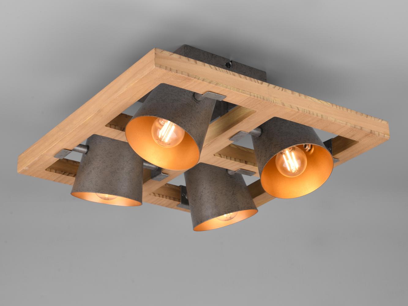 LED Deckenstrahler 4 flammig Silber antik & Gold mit Holz im Industrial Style Bild 1