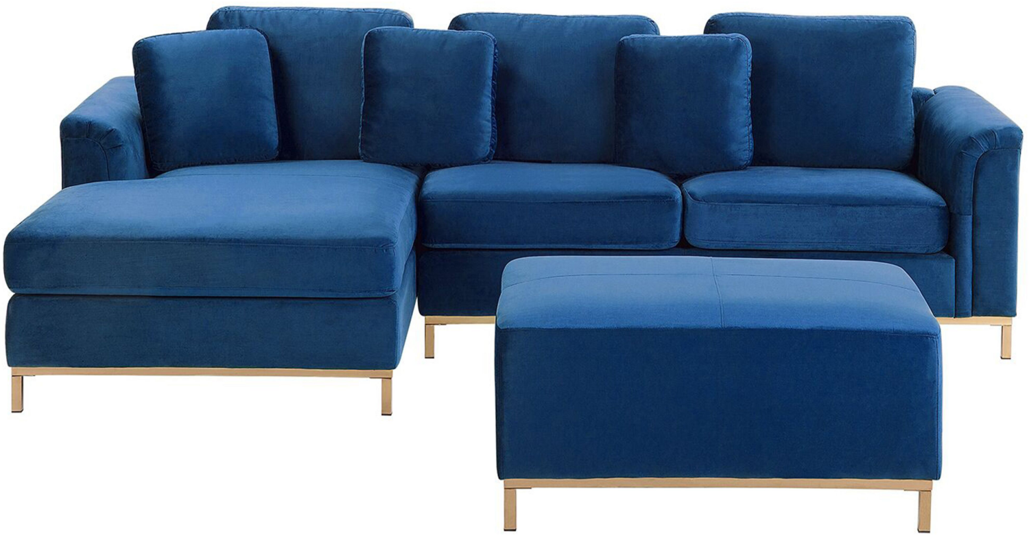 Ecksofa Samtstoff dunkelblau rechtsseitig mit Ottomane OSLO Bild 1