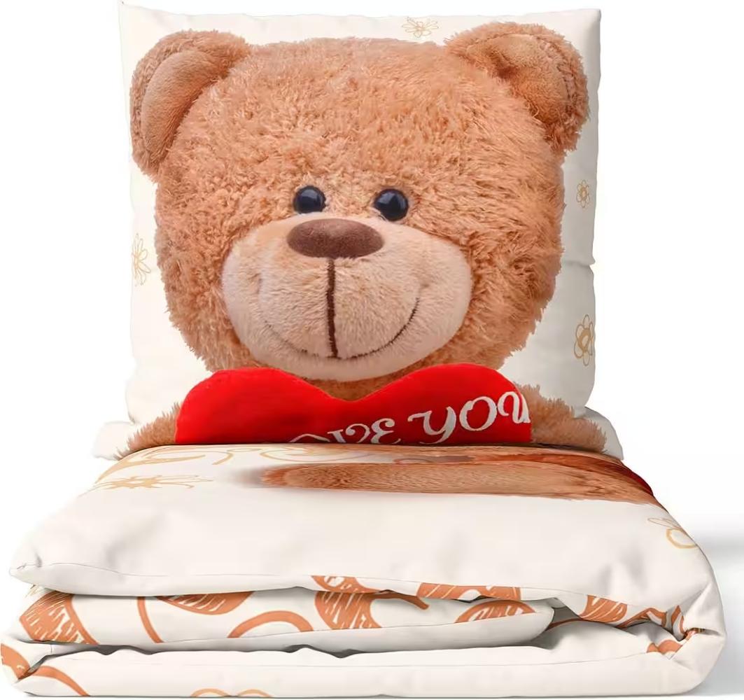 Fleece Bettwäsche Weiß-Beige mit Teddy-Herzmotiv aus 100% Polyester 135x200 cm Bild 1