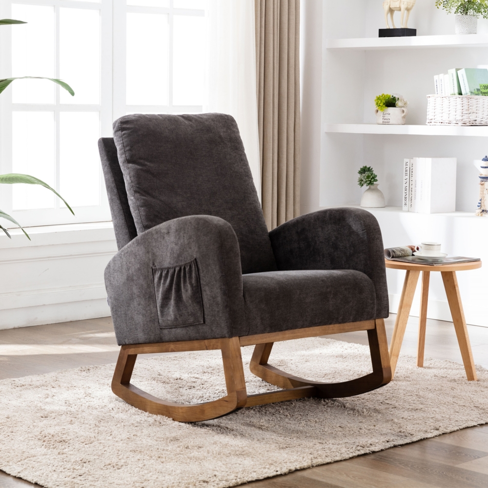LVHOM Schaukelstuhl aus Massivholzgestell, gepolsterte Schaukelsessel mit, Seitentasche, Hohe Rückenlehne, geeignet für Wohnzimmer, Schlafzimmer, Arbeitszimmer, Balkon Bild 1