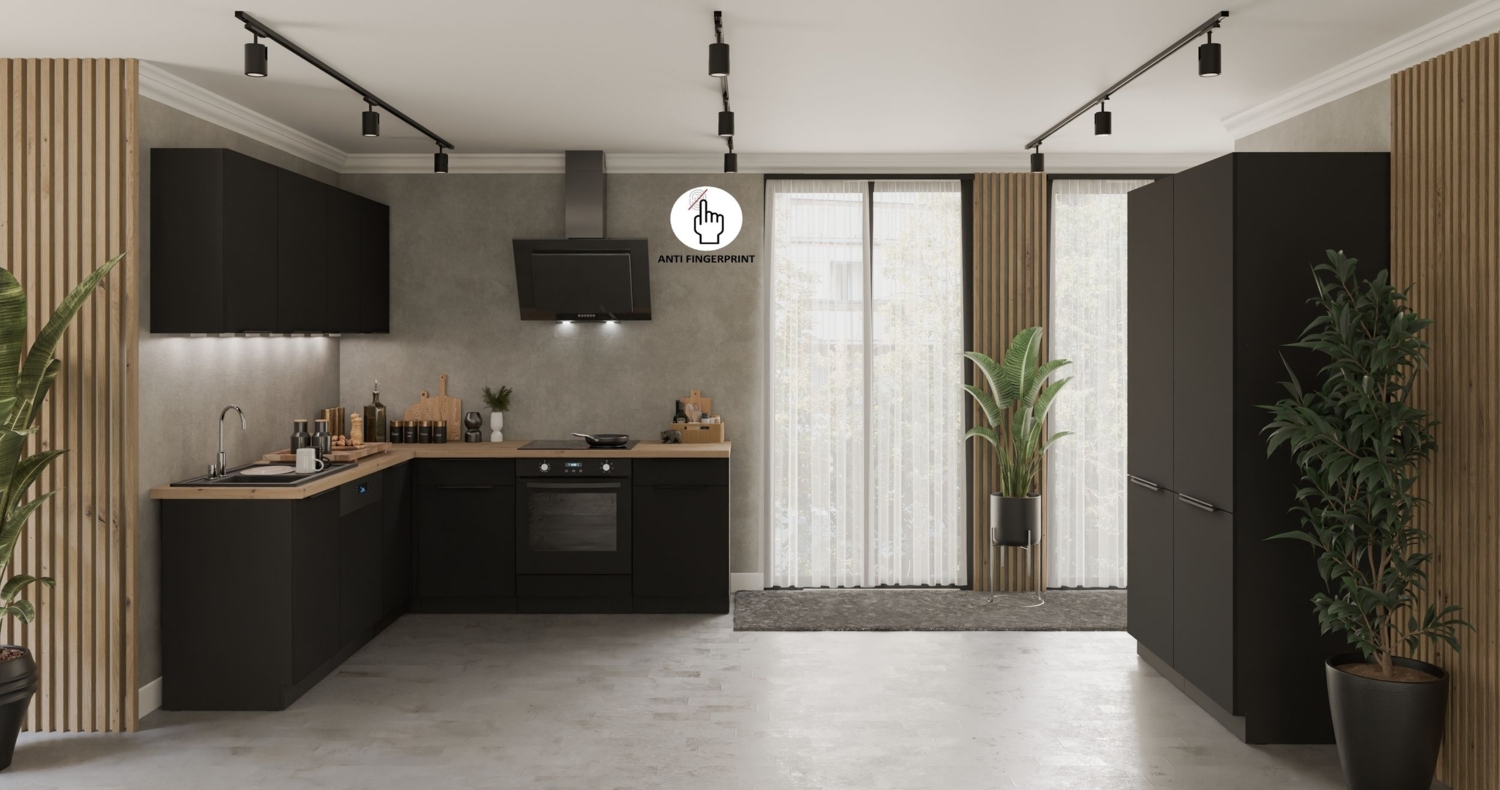 Winkelküche ARIA K-BL ECKE 1 - 215 x 220 + 120 cm Anti Fingerprint Küchenzeile Küchenblock Singleküche Einbauküche Küche Eckküche Bild 1