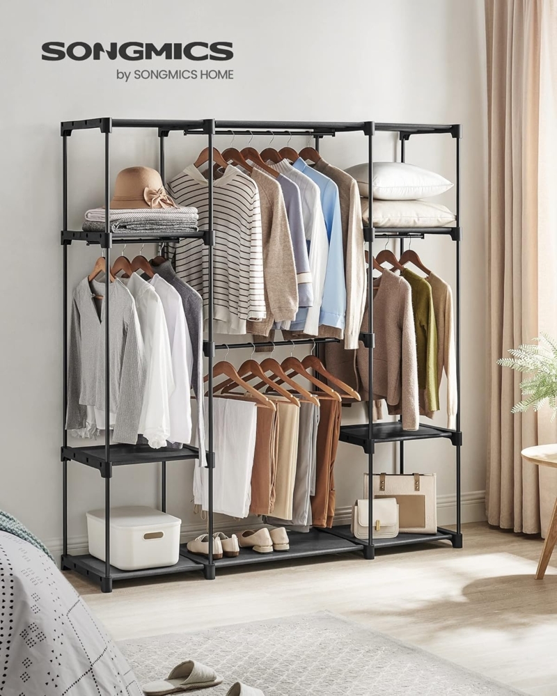 SONGMICS Kleiderschrank offen, Kleiderständer, Kleiderstange, Garderobe, 43 x 151 x 166 cm, 4 Hängefächer, viel Platz, für Schlafzimmer, Wohnzimmer, schwarz RYGDE036B02 Bild 1