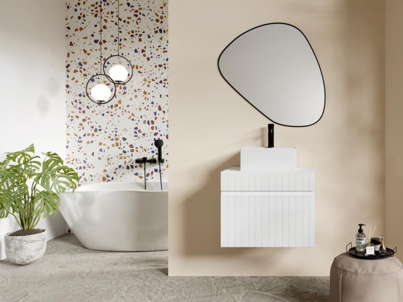 Vente-unique - Waschbeckenunterschrank hängend mit quadratischem Aufsatzwaschbecken - Streifenoptik - Weiß - 60 cm - SATARA Bild 1