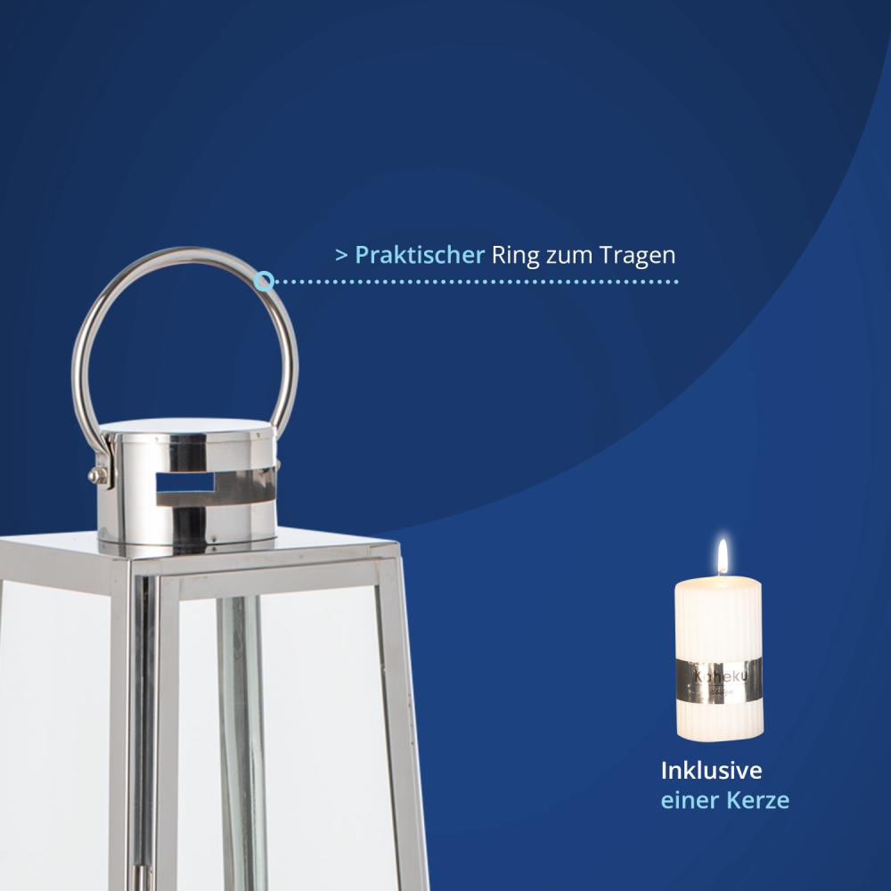 KHG Laterne 70 cm mit Kerze in Silber aus Stahl/Glas, pyramidenförmig, praktischer Tragegriff Kerzenständer, Kerzenhalter, Outdoor und Indoor, Deko, für Wohnzimmer, Balkon, Terrasse, Garten usw. Bild 1