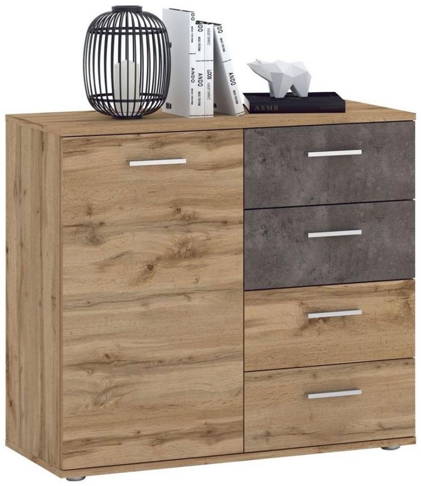 CARO-Möbel Kommode Sideboard Schrank Chicago in Wotan Eiche/Beton dunkel, mit Tür und 4 Schubladen Highboard Bild 1