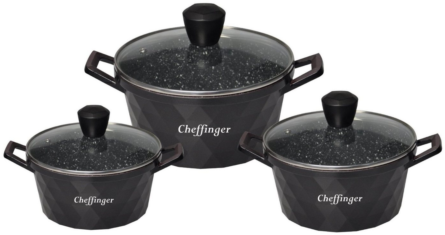 Cheffinger Topf-Set Kochtopf Kasserolle Topf Set 6-tlg schwarz Glasdeckel Cheffinger, Material: Aluminium, Glas Bild 1