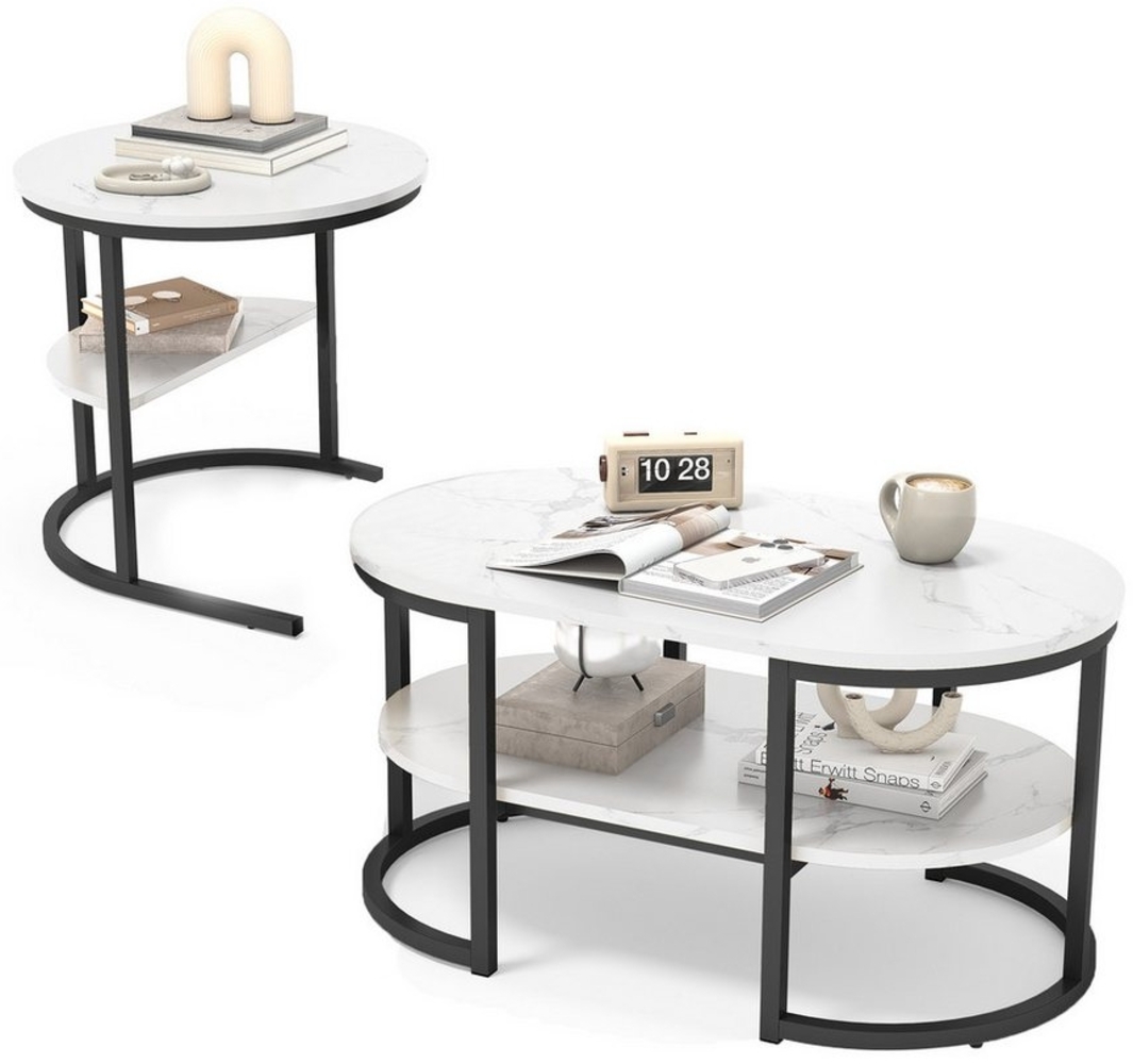 SEEZSSA Couchtisch 2er Set Couchtisch Runder Kaffeetisch Kombinationstische (Wohnzimmertisch Satztisch mit Ablage,Ovaler/rechteckiger Tisch), Modern Beistelltisch mit Stauraum,Metall,Champagnerfarbe Bild 1