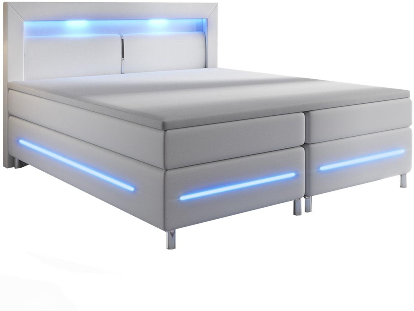 Juskys Boxspringbett Norfolk 200 x 200 cm – LED Beleuchtung, Bonell-Matratzen, Topper & Kunstleder – 66 cm Komforthöhe – weiß – Bett Doppelbett Bild 1