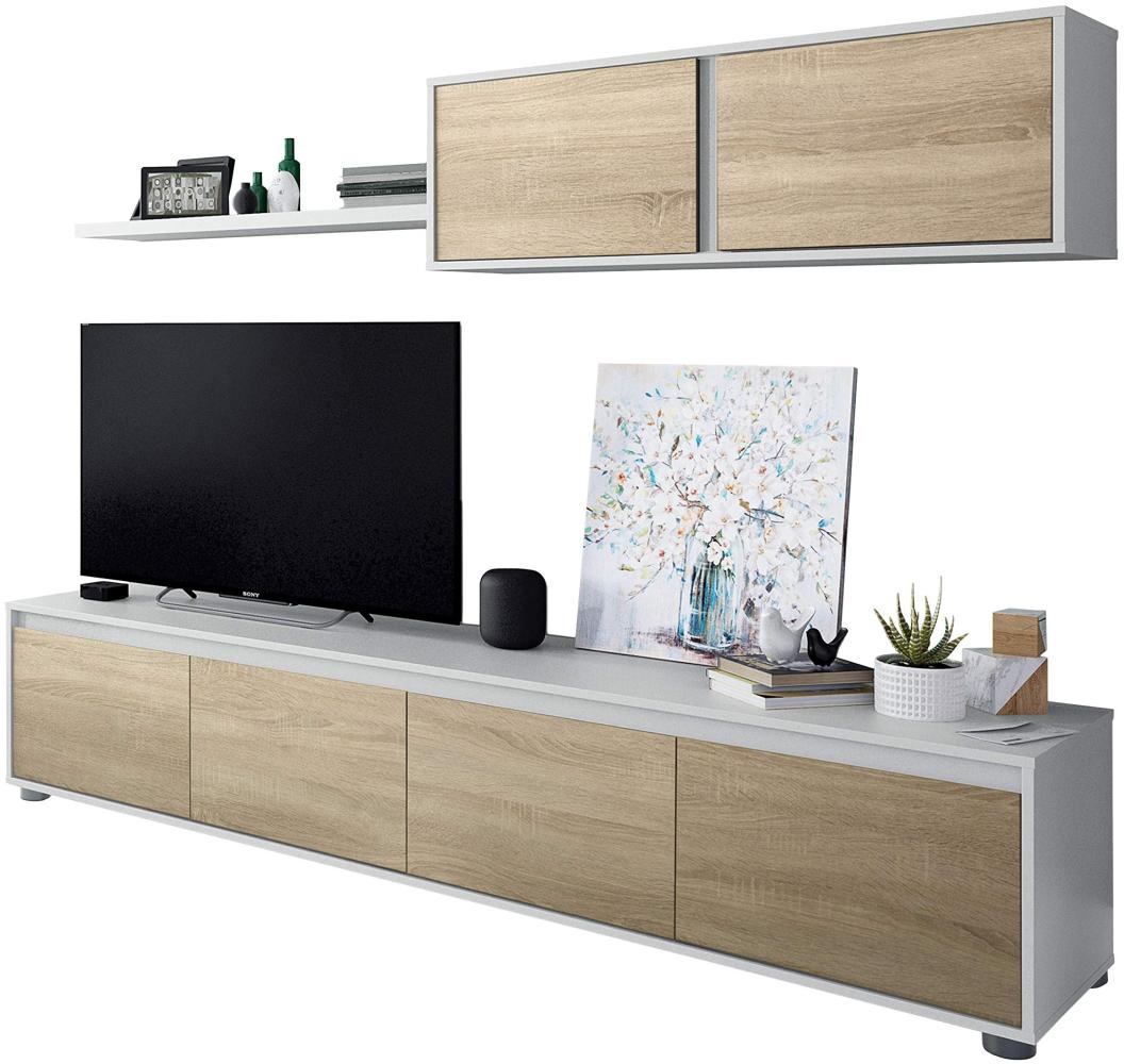 Wohnzimmer TV-Ständer mit vier Türen, mit Hängeschrank und Regal, Farbe kanadische Eiche und Artikweiß, Maße TV-Ständer 200 x 43 x 41 cm Hängeschrank 105 x 35 x 29 cm Regal 95 x 3 x 21 cm Bild 1