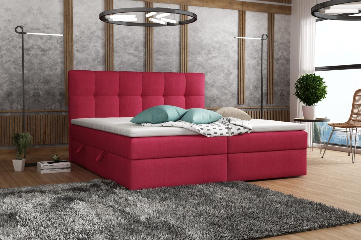Boxspringbett Schlafzimmerbett ARTURO 200x200cm Stoff Soro Rot Bild 1