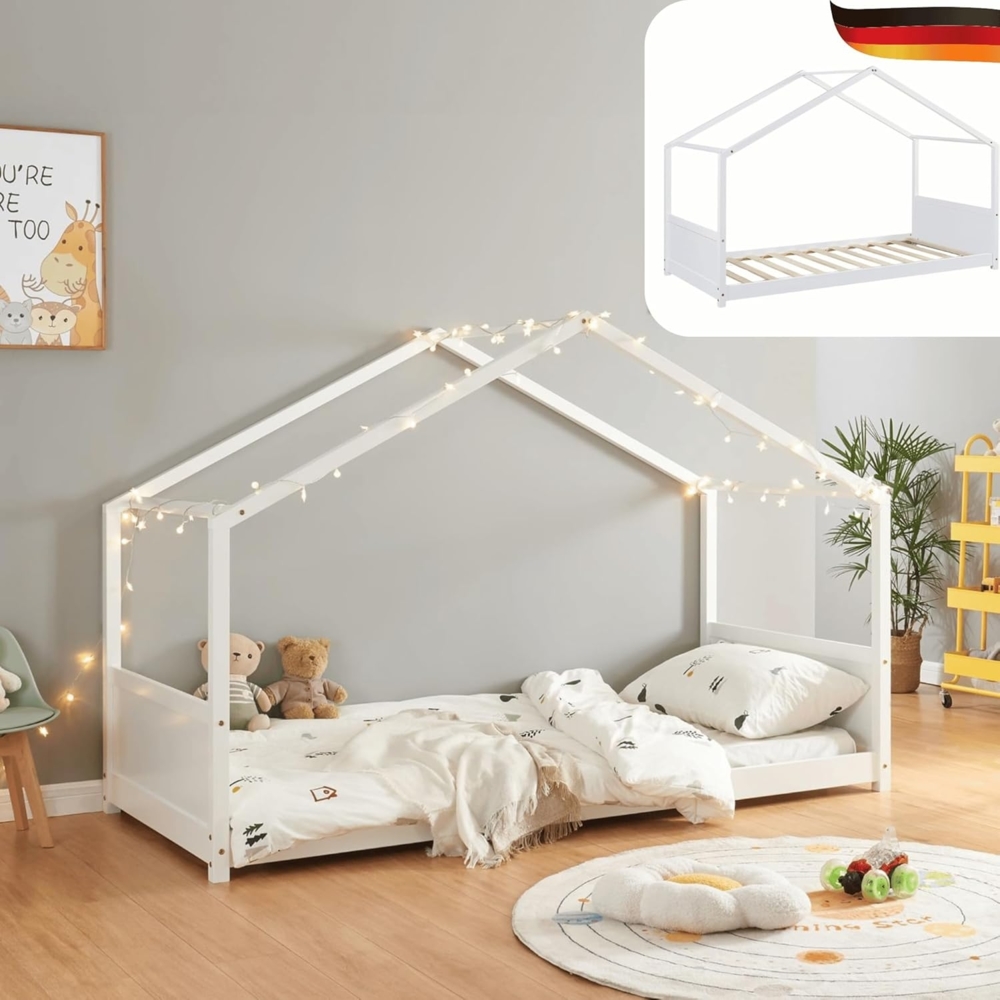 DELUKE® Kinderbett 90x200 DAKO - Inkl. Matratze Lattenrost Haus-Optik Kiefernholz Einzelbett aus Holz Hausbett Kinderzimmer Bodenbett Montessori Bett Weiß Bild 1