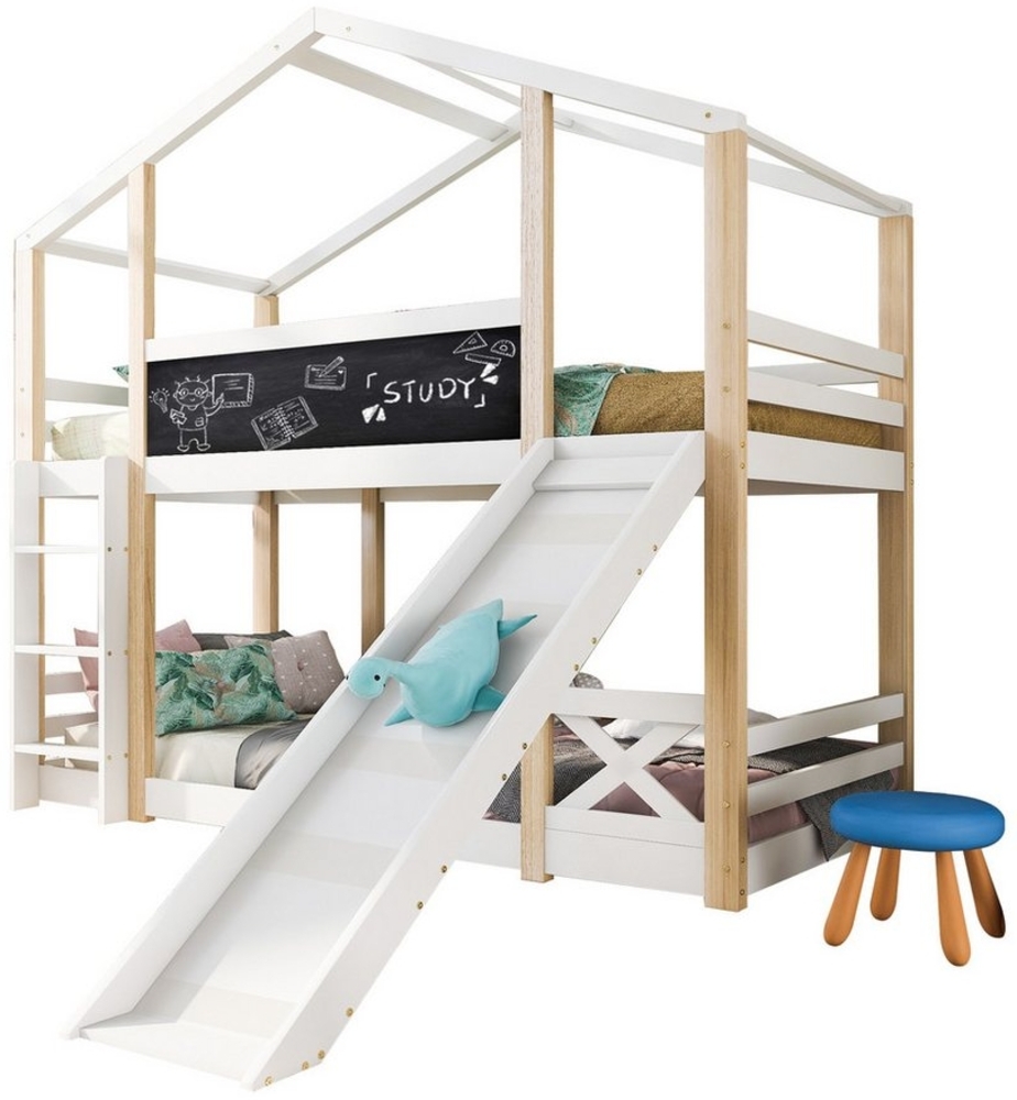 OKWISH Etagenbett Kinderbett Baumhaus (Hochbett für Kinder– 2x Lattenrost- Natur & Weiß, mit Rutsche & Leiter 90 x 200 cm), Praktikabilität und Kreativität kombinieren Bild 1