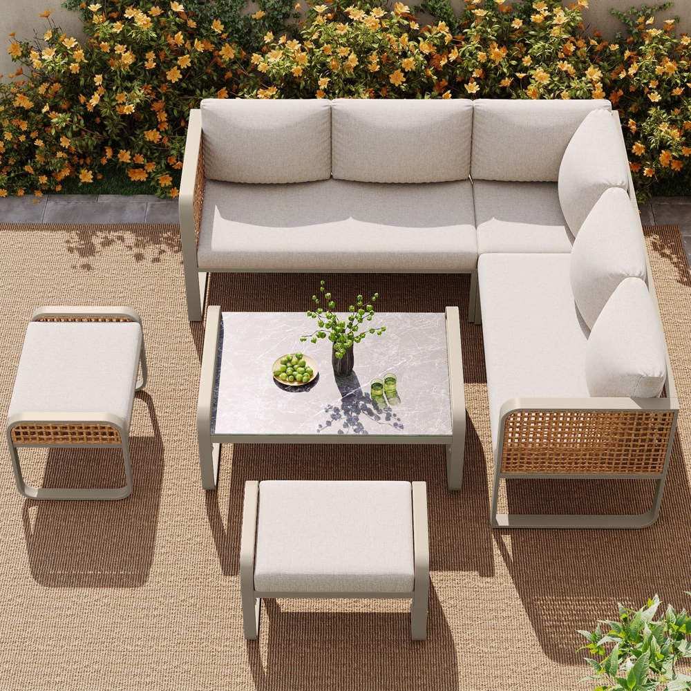 Merax Garten-Lounge-Set, Rattan-Möbel-Set für 6-7 Personen, Ecksofa mit verzinktem Eisengestell, verstellbare Beine, inklusive aller Sitz- und Rückenkissen, beige Bild 1