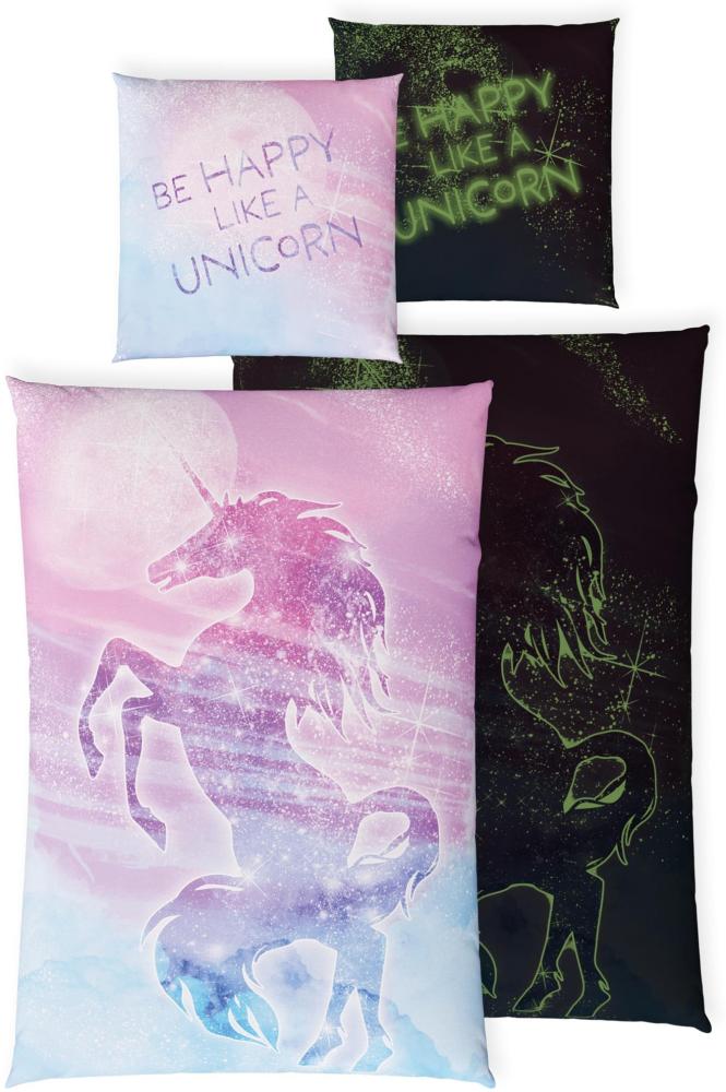 Carpe Sonno Kinderbettwäsche Leuchtende Bettwäsche 135x200 Unicorn Einhorn Bettzeug Mädchen Kinder, Renforcé, 2 teilig, GLOW IN THE DARK Einhorn Bettwäsche Mädchen Bild 1