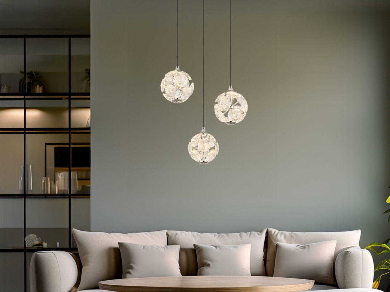 LED Pendelleuchte VIRINA 3-flammig Silber mit Kristall Glaskugeln, Ø 41cm Bild 1