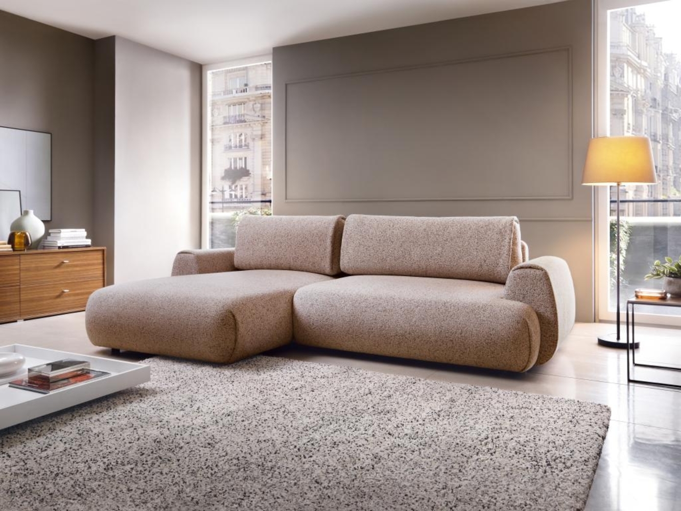 Vente-unique - Ecksofa mit Schlaffunktion - Ecke links - melierter Stoff - Rosa - MONELIA Bild 1