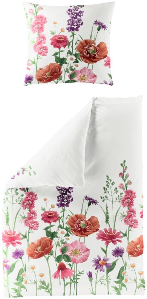 Bettwäsche Baumwolle, Traumschloss, Satin, 2 teilig, bunte Blumenwiese auf weißem Hintergrund Bild 1