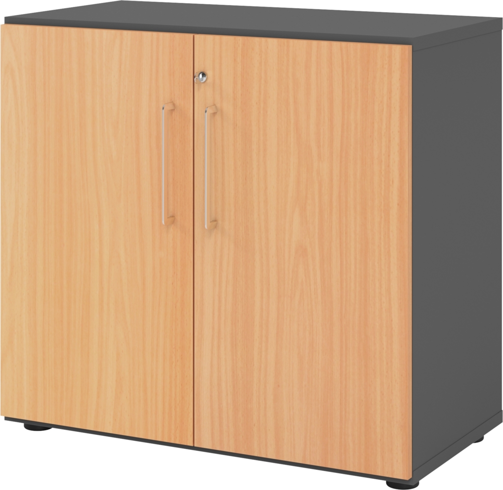 bümö Aktenschrank abschließbar, Büroschrank Holz 80cm breit in Graphit/Buche - abschließbarer Schrank mit Aktenregal für's Büro & Arbeitszimmer, Büro Möbel Ordnerschrank mit Schloss, 928T2-G-6-BS Bild 1