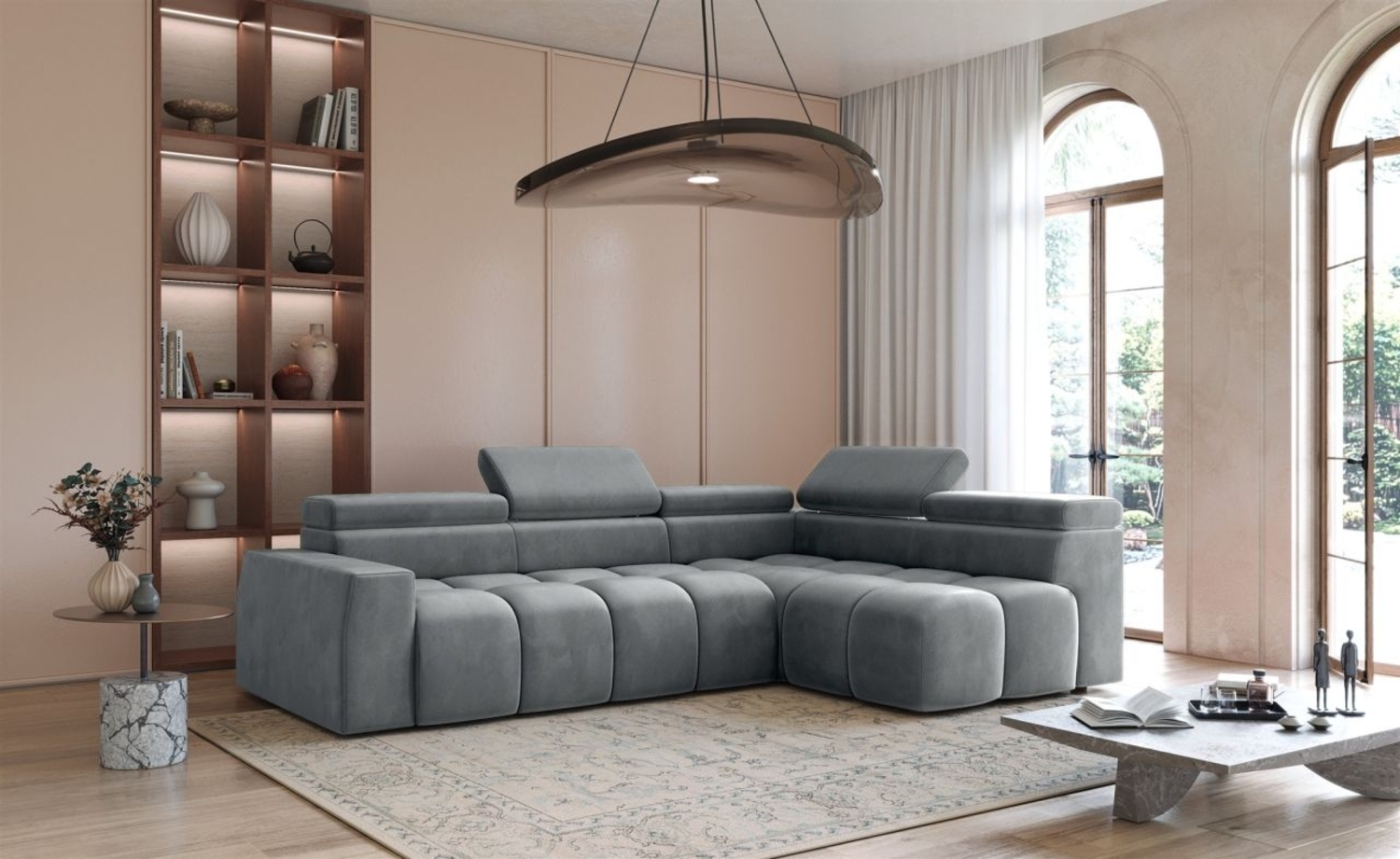 Ecksofa Designersofa DARCY in Stoff Salvador Grau Ottomane Rechts Bild 1