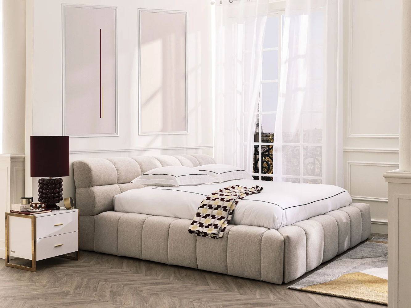 Vente-unique - Bettwäsche bestickt - 240x260 cm + 2 Kissenbezüge 63x63 cm - Baumwollperkal - Weiß & Anthrazit - CHARMY Bild 1