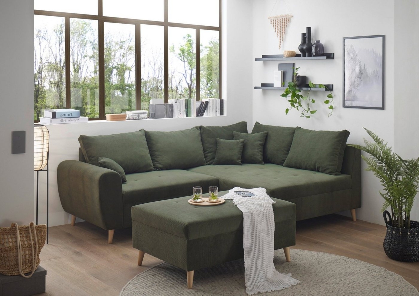 Calanda Ecksofa inkl. Hocker 249x175 cm, Farbe wählbar (Cord) Rechts, Fjord 77 Winter Moss Bild 1