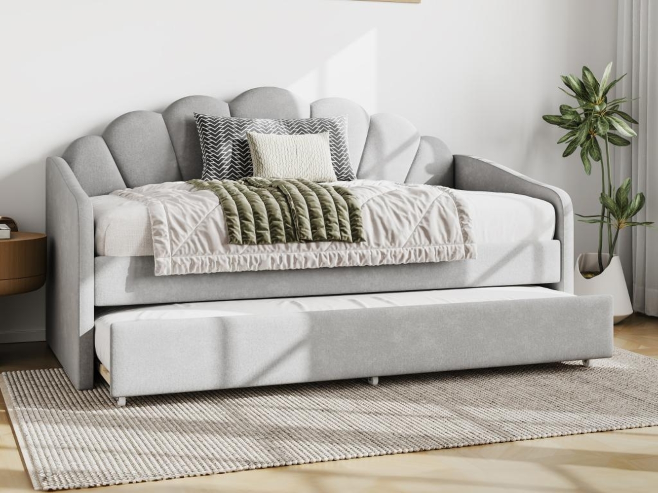 Vente-unique - Ausziehbett Muschelform - 2 x 90 x 190 cm - Samt - Hellgrau + Matratze - ELUSIA Bild 1