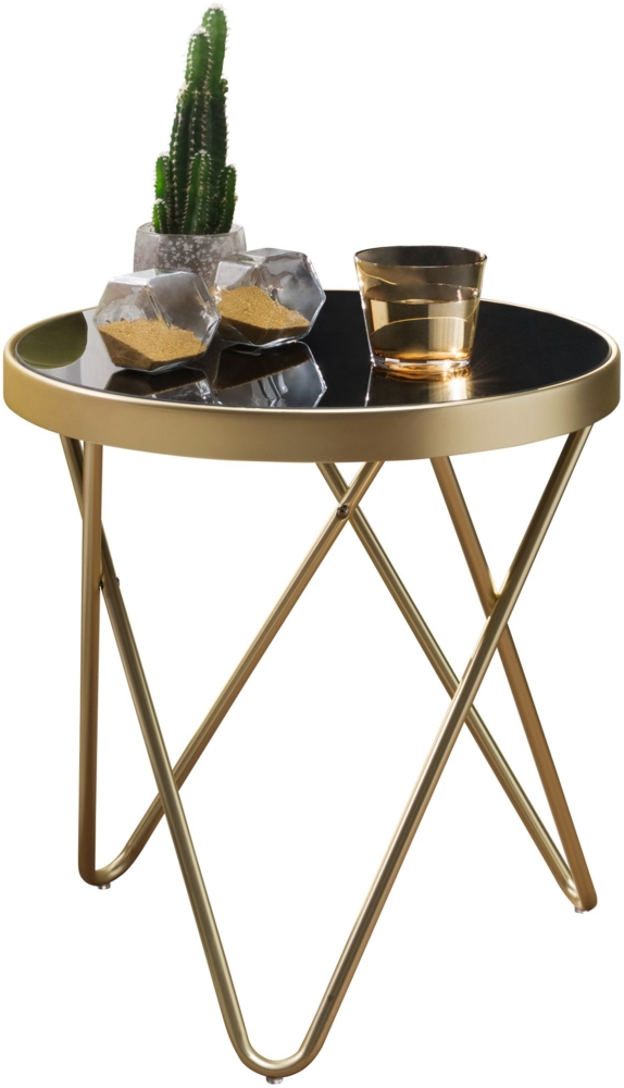 Design Beistelltisch PARMA 42 x 46 x 42 cm Couchtisch Rund Schwarz/Matt Gold, Designer Glas-Wohnzimmertisch modern, Glastisch Metallgestell, Kleiner Sofatisch, Runder Metalltisch Wohnzimmer Bild 1