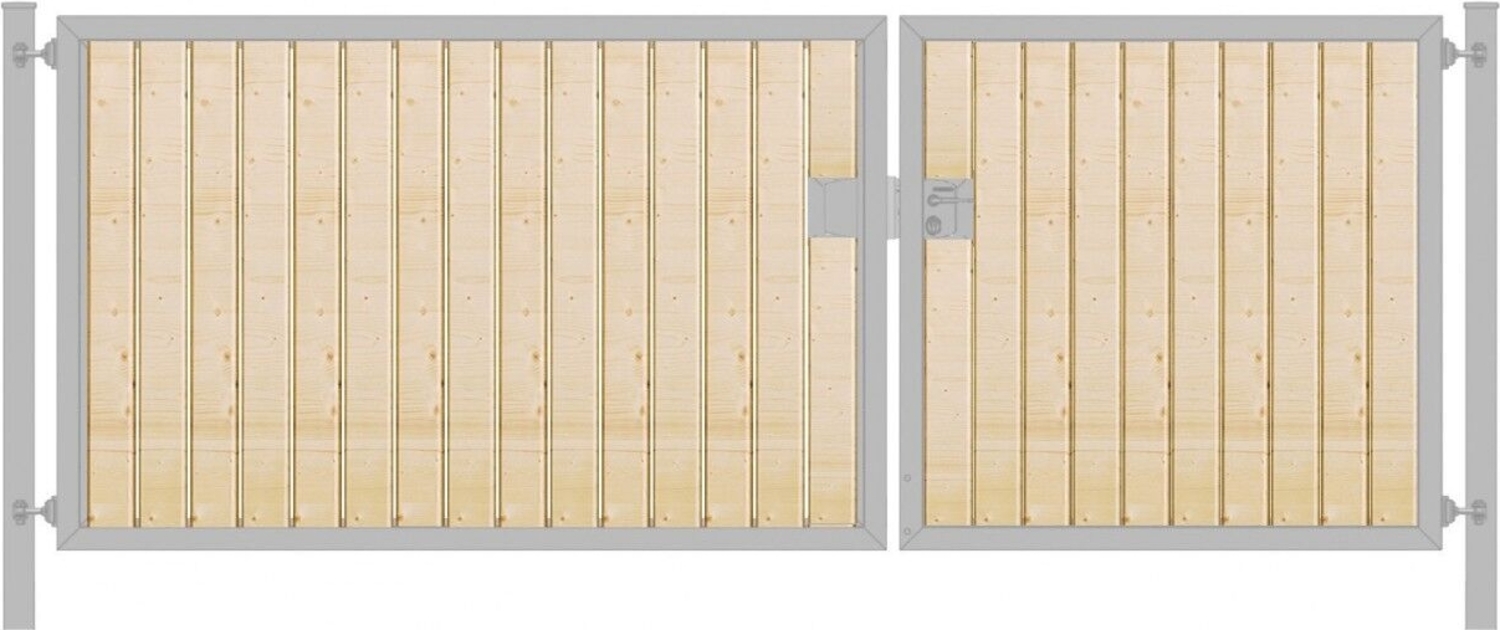 Elektrisches Einfahrtstor Premium-Line (2-flügelig) mit Holzfüllung senkrecht asymmetrisch verzinkt B: 400 cm H: 180 cm Bild 1