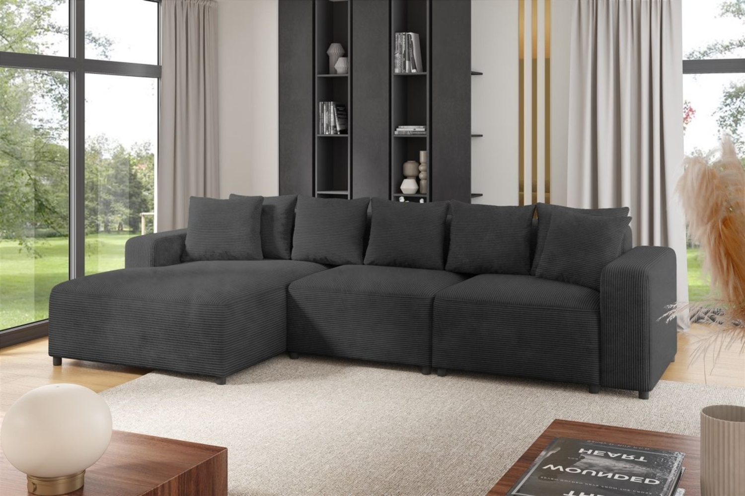 Ecksofa Designersofa Sofa MEGAN in Stoff Poso Dunkelgrau Ottomane Links Bild 1