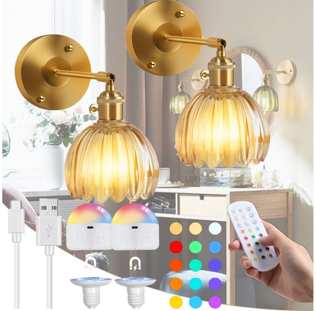 Jibenhome LED Wandleuchte Vintage-Wandleuchten, Tulpenglas-Lampenschirm, Kabellos, Dimmbar RGB, mit Aufladbar Leuchtmittel, Fernbedienung, Wand Nachttischlampe, für Schlafzimmer Wohnzimmer Flur Bild 1