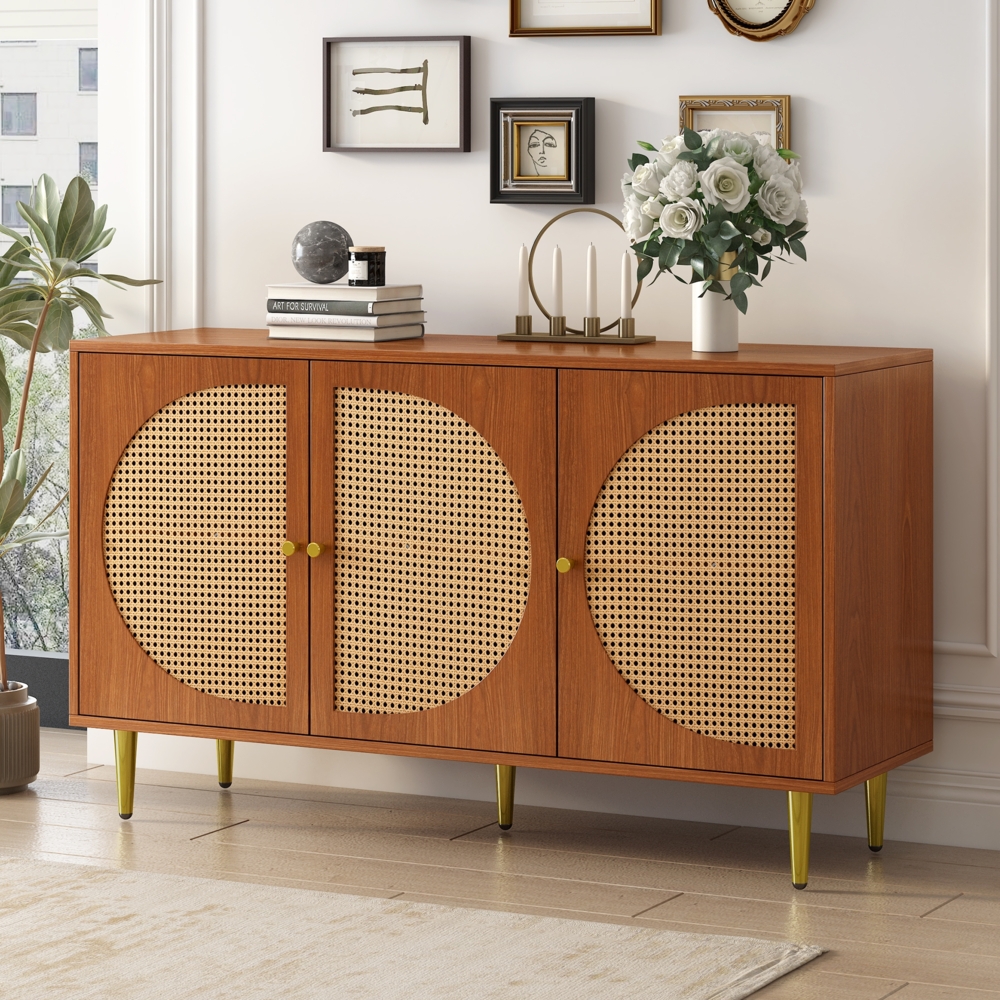 Sideboard 129,8 cm Walnuss Spanplatte mit 3 Türen, verstellbare Regale, Metallfüße 15 cm Bild 1