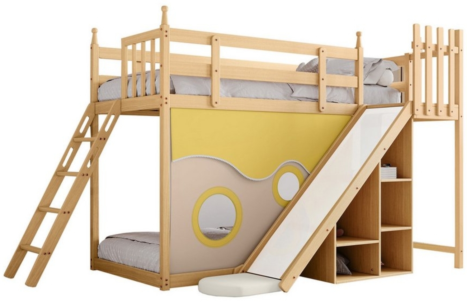 REDOM Kinderbett Etagenbett, Holzbett, Bett, Gästebetten, Hausbett (mit Treppe und Zäune, mit Bettvorhang, Rutsche und Regal, mit Fallschutz und Gitter, Rahmen aus Kiefer 90x200 cm), Ohne Matratze Bild 1