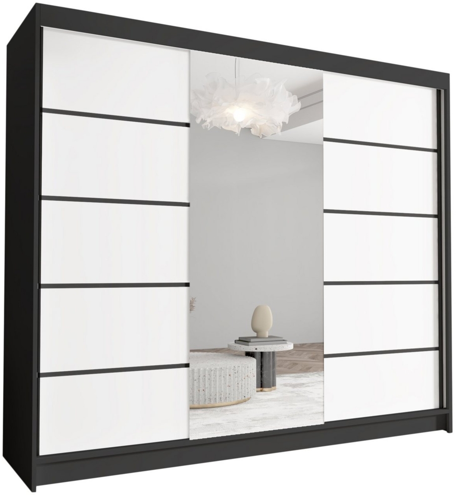 Schwebetürenschrank Netro VI 250 cm mit Spiegel - Groß Kleiderschrank, Schiebetürenschrank mit Kleiderstange und Einlegeboden, Schlafzimmerschrank, Schiebetüren, 250x215x58 cm (Schwarz/Weiß) Bild 1