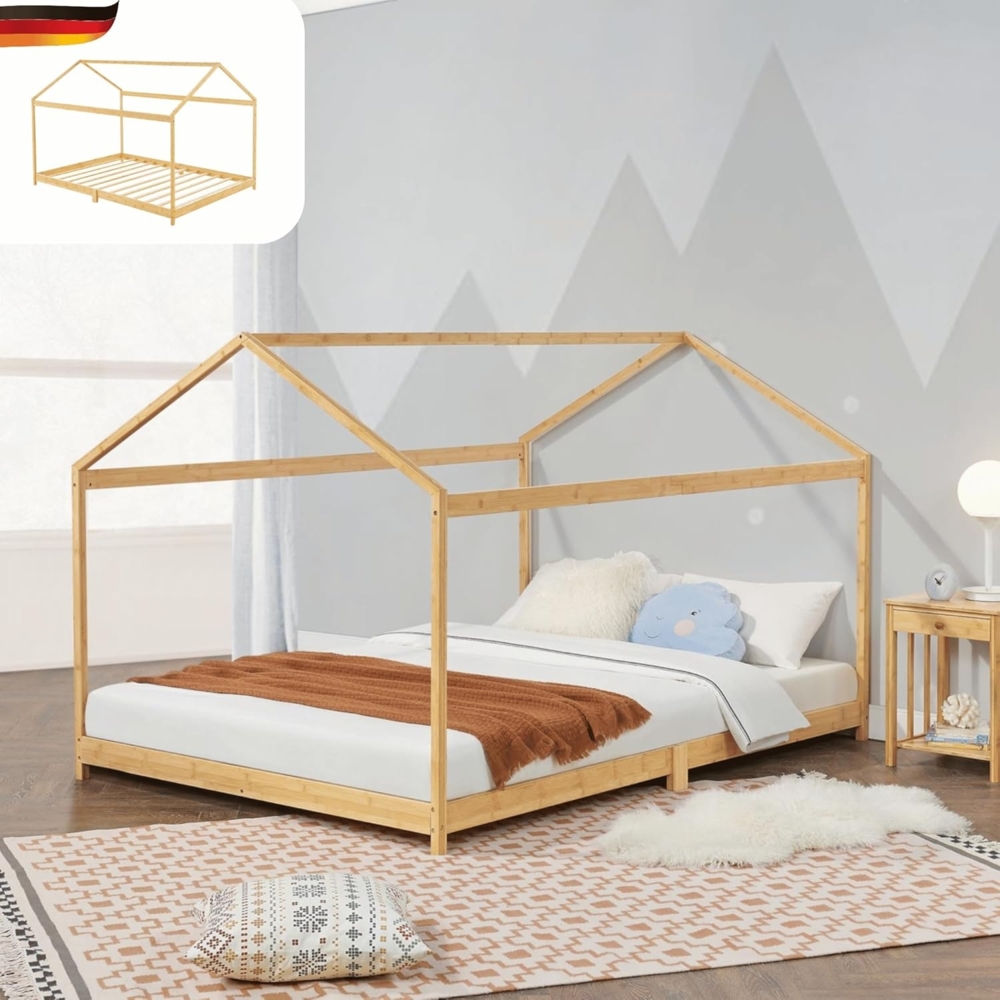 DELUKE® Kinderbett 120x200 cm BAMBUS Haus-Optik - mit Lattenrost Einzelbett Hausbett Kinderzimmer Bodenbett Montessori Bett Bambusbett Jungen/Mädchen Braun Bild 1